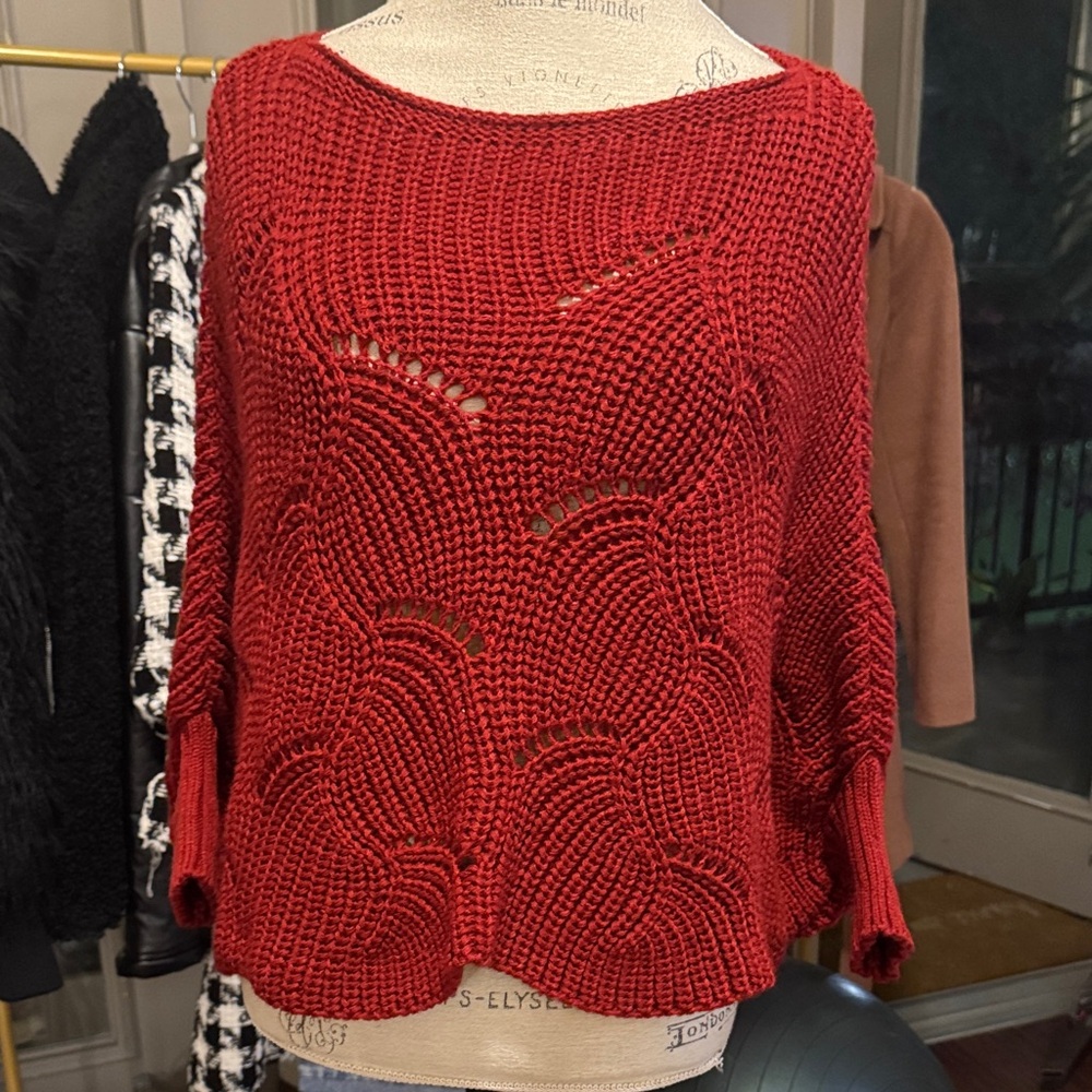 Women’s Dark Red Knit Sweater Poncho Knit Top Casual Dressy Shrug Shirt One Size - Picture 4 of 11